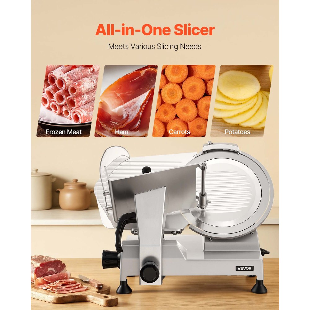 VEVOR Commercial Meat Slicer, 400W Electric Cutter, Removable 12" Carbon Steel Blade and Food Tray, 0-0.59" Adjustable Thickness Food Slicer Machine, for Frozen Meat, Ham, Baguett, Steak, ETL Approved