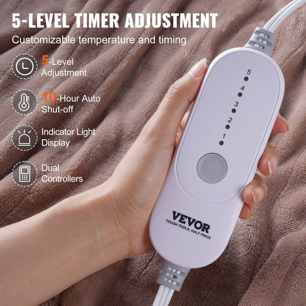 VEVOR Heated Blanket Electric Throw, 84" x 90" Queen Size, Soft Flannel Heating Blanket with 10 Hours Timer Auto-off & 5 Heating Levels, Dual Control, Machine Washable, ETL & FCC Certification (Beige)