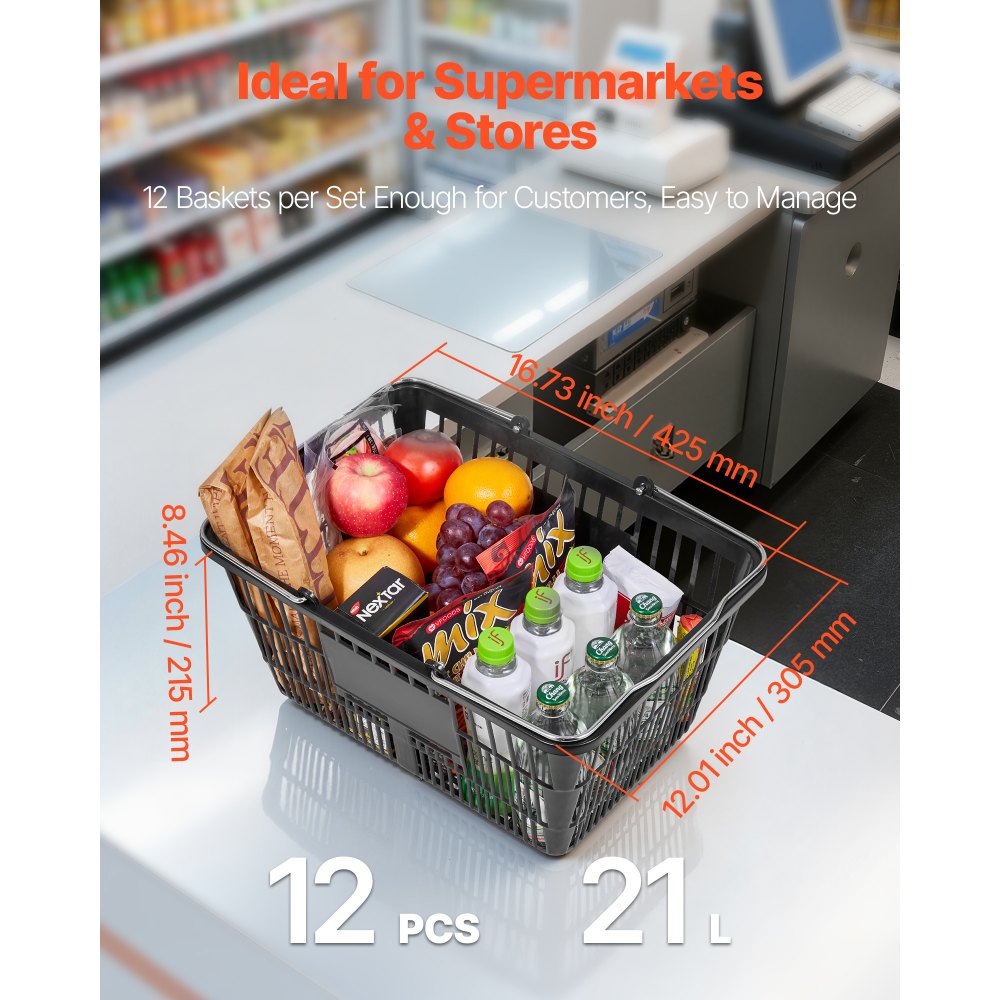 VEVOR Shopping Baskets, 12 PCS, 21L Stackable PE Plastic Grocery Baskets with Handles, Dense Mesh Structure, Holds up to 20 lbs, Portable for Grocery, Retail, Stores, Supermarket, Home Use, Black