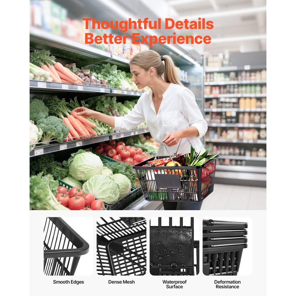 VEVOR Shopping Baskets, 12 PCS, 21L Stackable PE Plastic Grocery Baskets with Handles, Dense Mesh Structure, Holds up to 20 lbs, Portable for Grocery, Retail, Stores, Supermarket, Home Use, Black