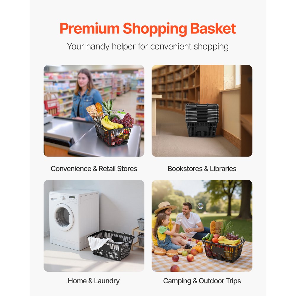 VEVOR Shopping Baskets, 12 PCS, 21L Stackable PE Plastic Grocery Baskets with Handles, Dense Mesh Structure, Holds up to 20 lbs, Portable for Grocery, Retail, Stores, Supermarket, Home Use, Black