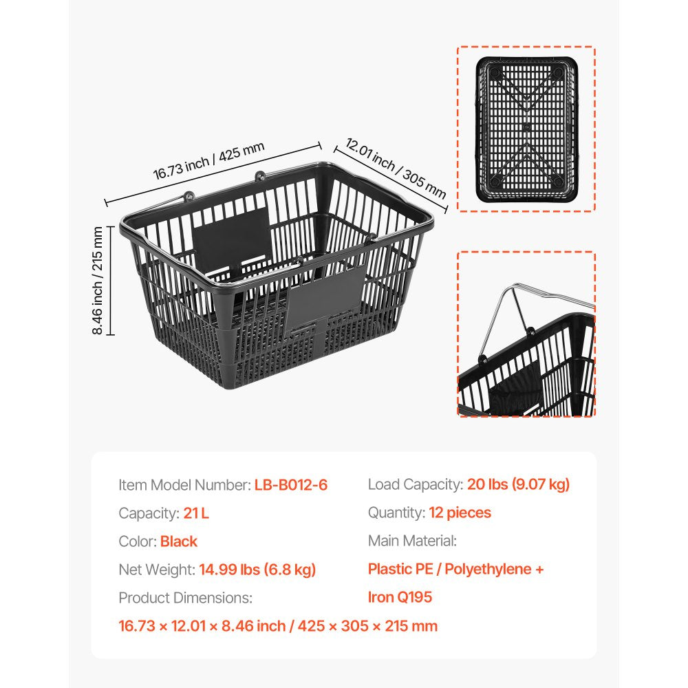 VEVOR Shopping Baskets, 12 PCS, 21L Stackable PE Plastic Grocery Baskets with Handles, Dense Mesh Structure, Holds up to 20 lbs, Portable for Grocery, Retail, Stores, Supermarket, Home Use, Black