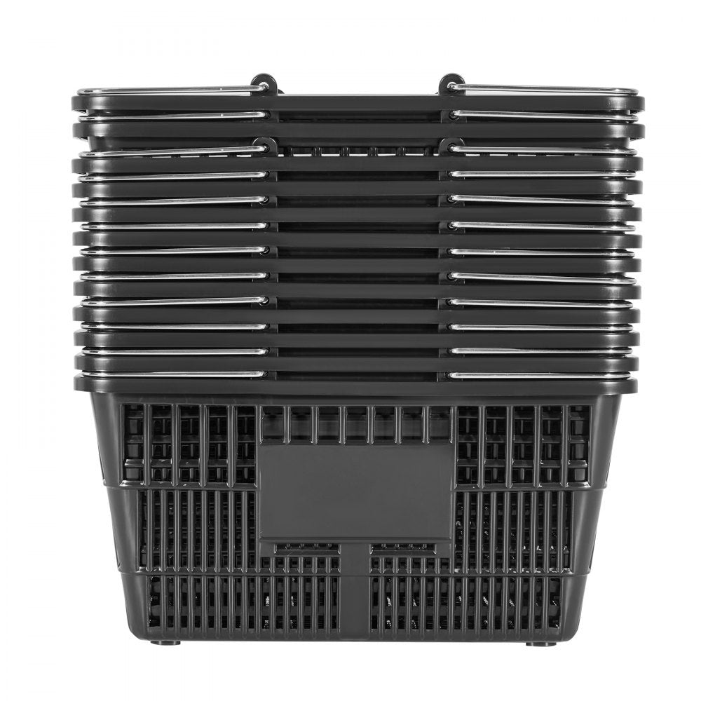 VEVOR Shopping Baskets, 12 PCS, 21L Stackable PE Plastic Grocery Baskets with Handles, Dense Mesh Structure, Holds up to 20 lbs, Portable for Grocery, Retail, Stores, Supermarket, Home Use, Black