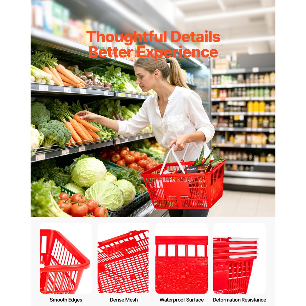 VEVOR Shopping Baskets, 12 PCS, 21L Stackable PE Plastic Grocery Baskets with Handles, Dense Mesh Structure, Holds up to 20 lbs, Portable for Grocery, Retail, Stores, Supermarket, Home Use, Red