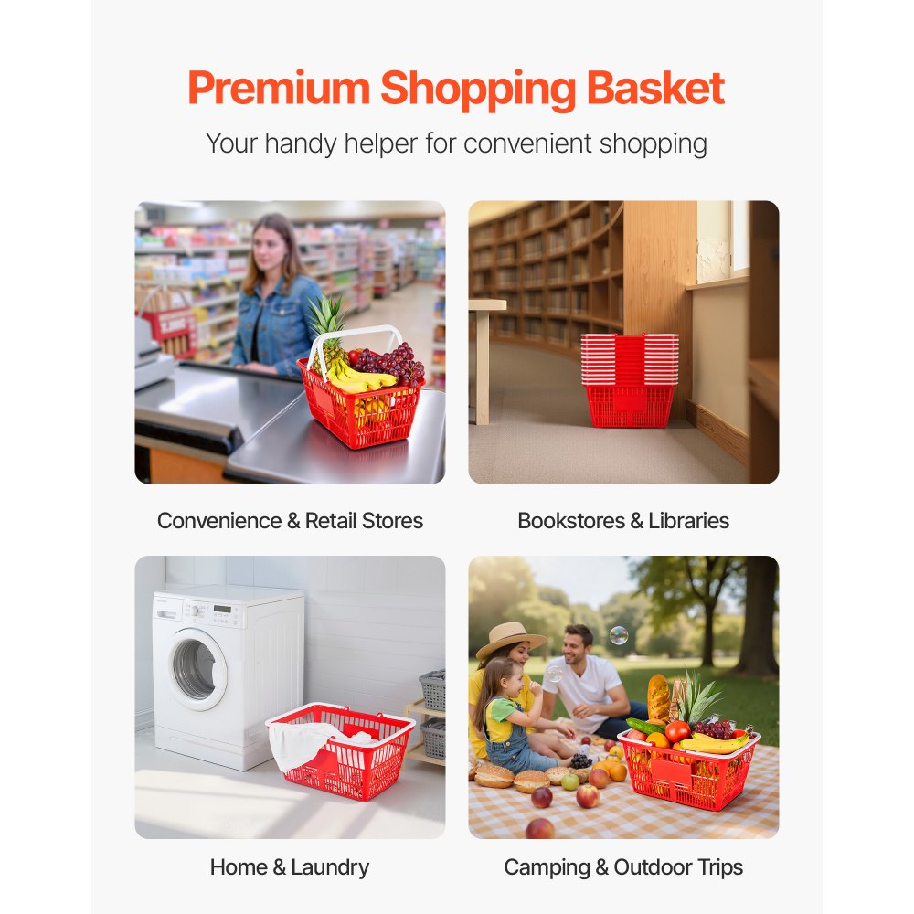 VEVOR Shopping Baskets, 12 PCS, 21L Stackable PE Plastic Grocery Baskets with Handles, Dense Mesh Structure, Holds up to 20 lbs, Portable for Grocery, Retail, Stores, Supermarket, Home Use, Red