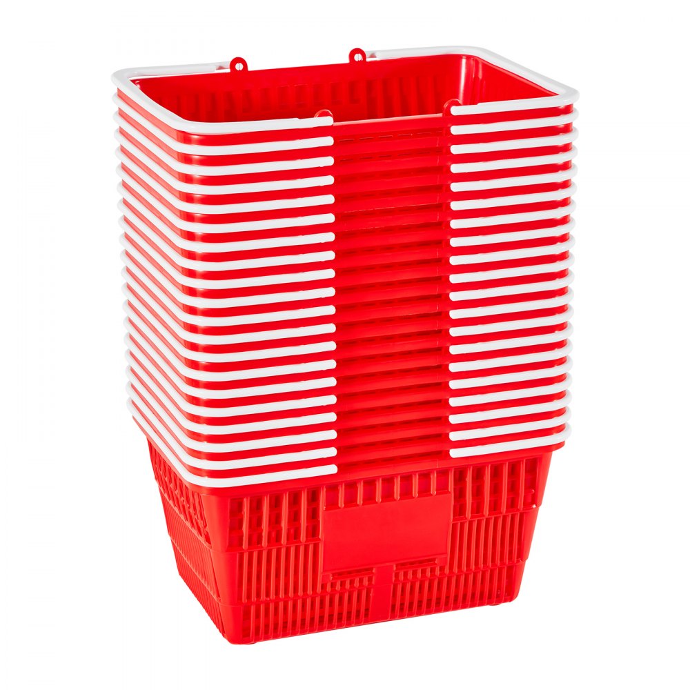 VEVOR Shopping Baskets, 20 PCS, 21L Stackable PE Plastic Grocery Baskets with Handles, Dense Mesh Structure, Holds up to 20 lbs, Portable for Grocery, Retail, Stores, Supermarket, Home Use, Red