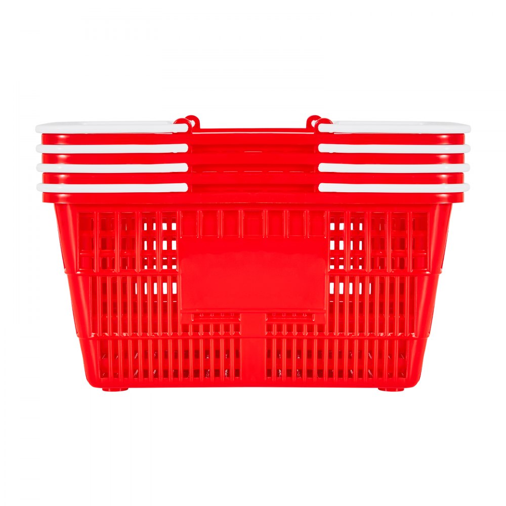 VEVOR Shopping Baskets, 4 PCS, 21L Stackable PE Plastic Grocery Baskets with Handles, Dense Mesh Structure, Holds up to 20 lbs, Portable for Grocery, Retail, Stores, Supermarket, Home Use, Red