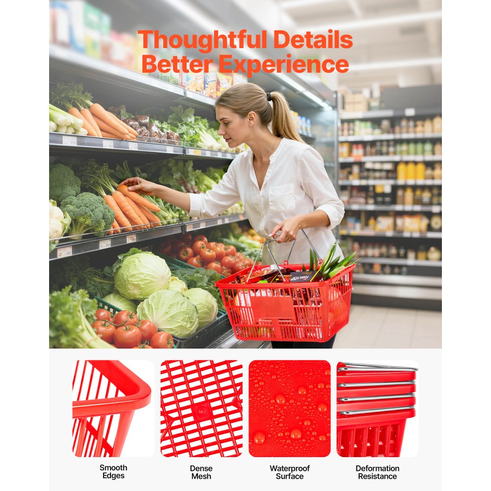 VEVOR Shopping Baskets, 12 PCS, 21L Stackable PE Plastic Grocery Baskets with Metal Handles, Dense Mesh Structure, Holds up to 20 lbs, Portable for Grocery, Retail, Stores, Supermarket, Home Use, Red