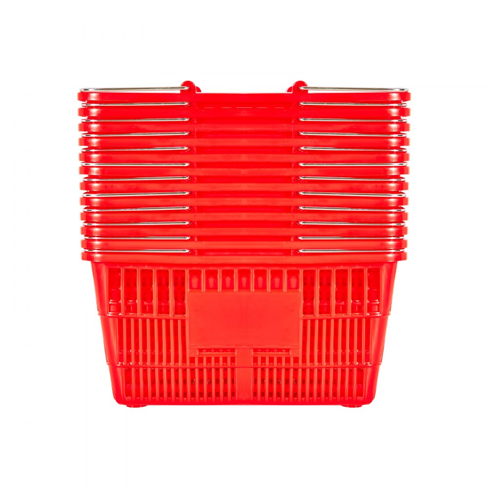 VEVOR Shopping Baskets, 12 PCS, 21L Stackable PE Plastic Grocery Baskets with Metal Handles, Dense Mesh Structure, Holds up to 20 lbs, Portable for Grocery, Retail, Stores, Supermarket, Home Use, Red
