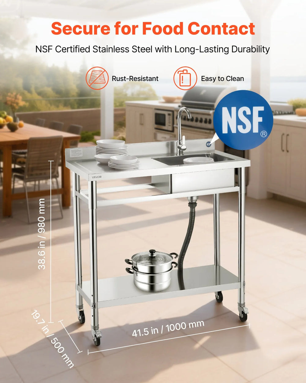VEVOR stainless steel utility sink shown in outdoor kitchen setting with NSF certification and dimensions