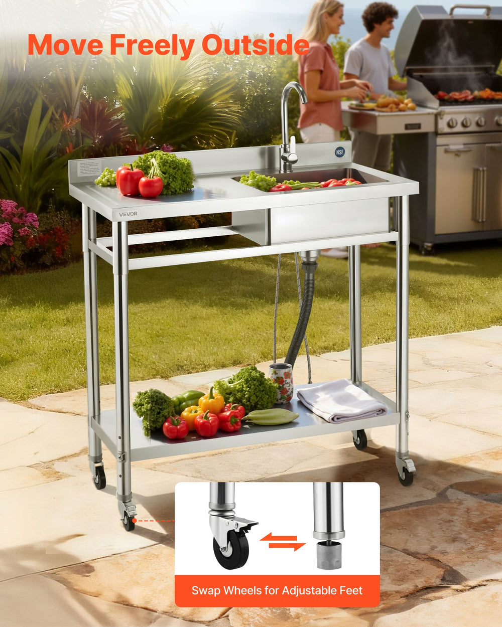 VEVOR rolling utility sink shown outdoors highlighting mobility and adjustable feet