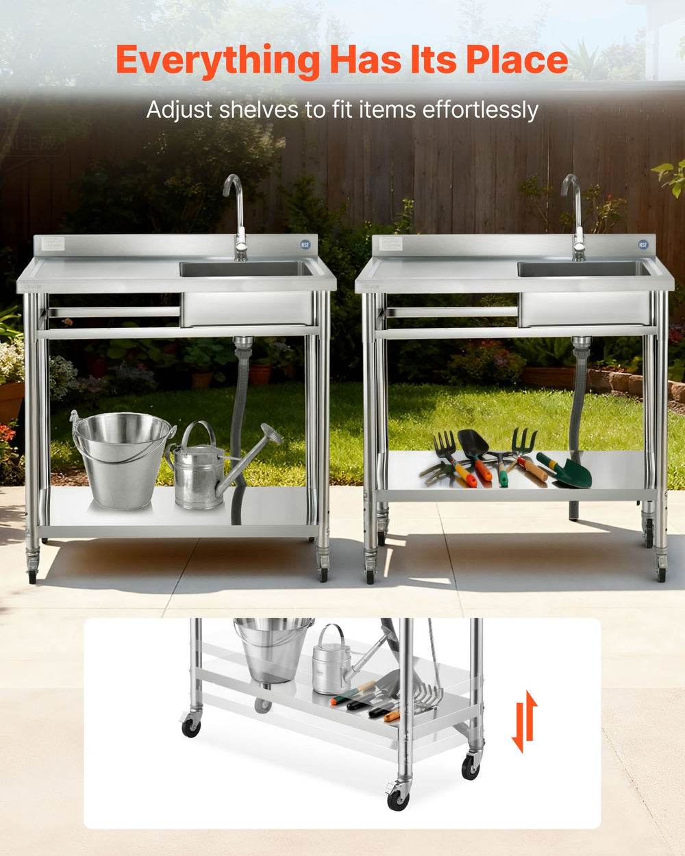 VEVOR utility sink showing adjustable shelf storage use cases