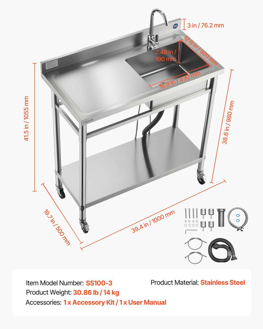 VEVOR SS100-3 utility sink full dimension diagram with accessories shown