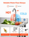 VEVOR utility sink highlighting 360° hot/cold faucet, ceramic valve core, and supply hose options