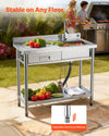VEVOR utility sink shown outdoors highlighting adjustable feet for stability on uneven floors