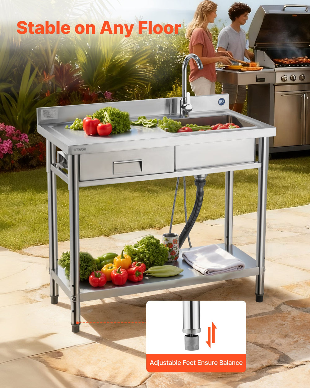 VEVOR utility sink shown outdoors highlighting adjustable feet for stability on uneven floors