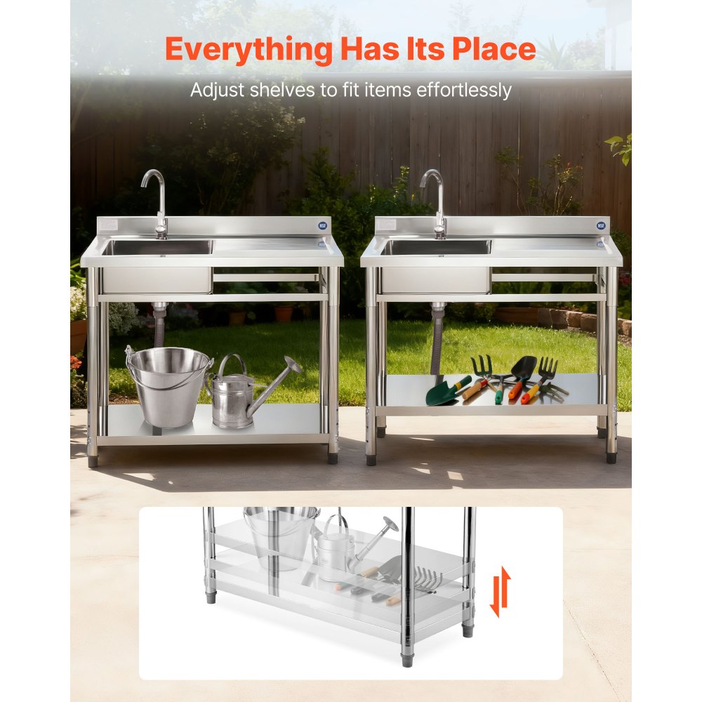 VEVOR utility sink infographic showing adjustable shelf storage use