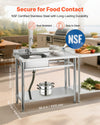 VEVOR stainless steel utility sink infographic showing NSF certified stainless steel and overall dimensions