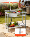 VEVOR utility sink lifestyle image showing stable adjustable feet on an outdoor patio