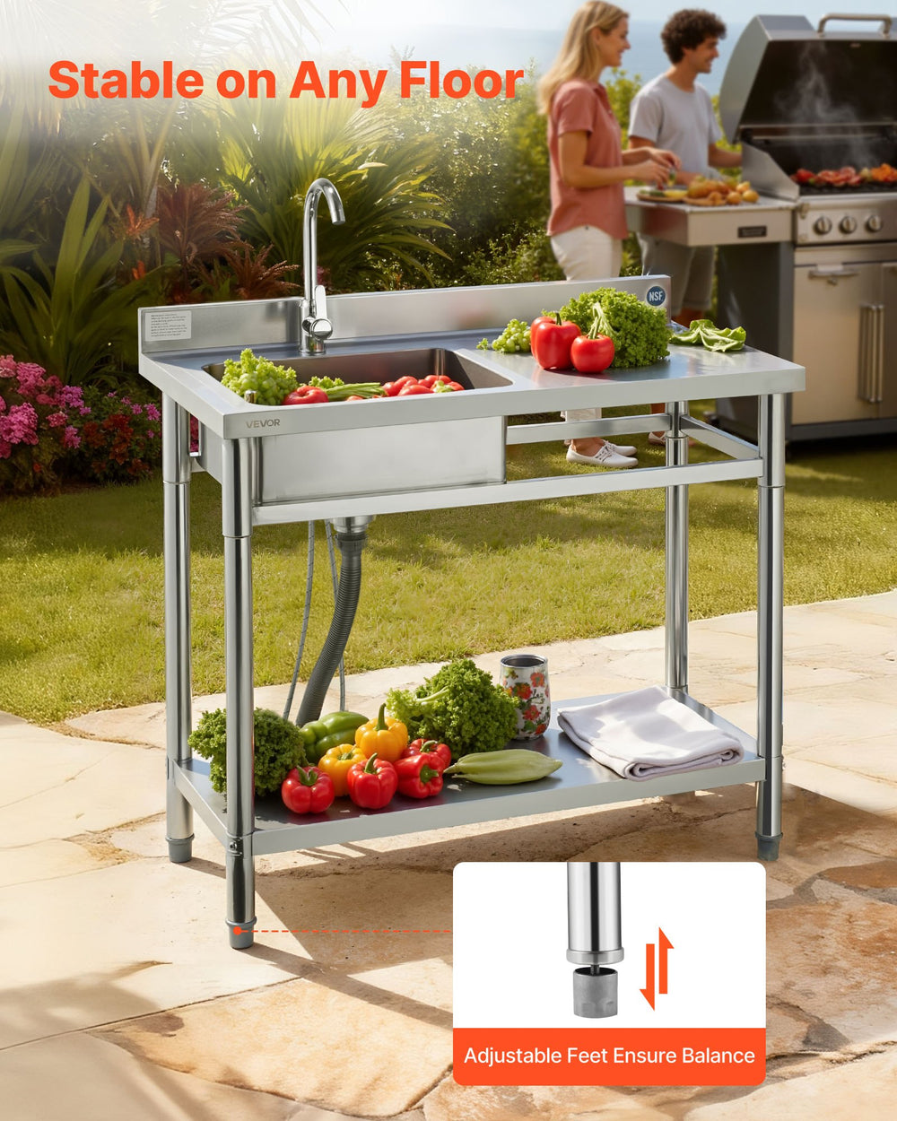 VEVOR utility sink lifestyle image showing stable adjustable feet on an outdoor patio