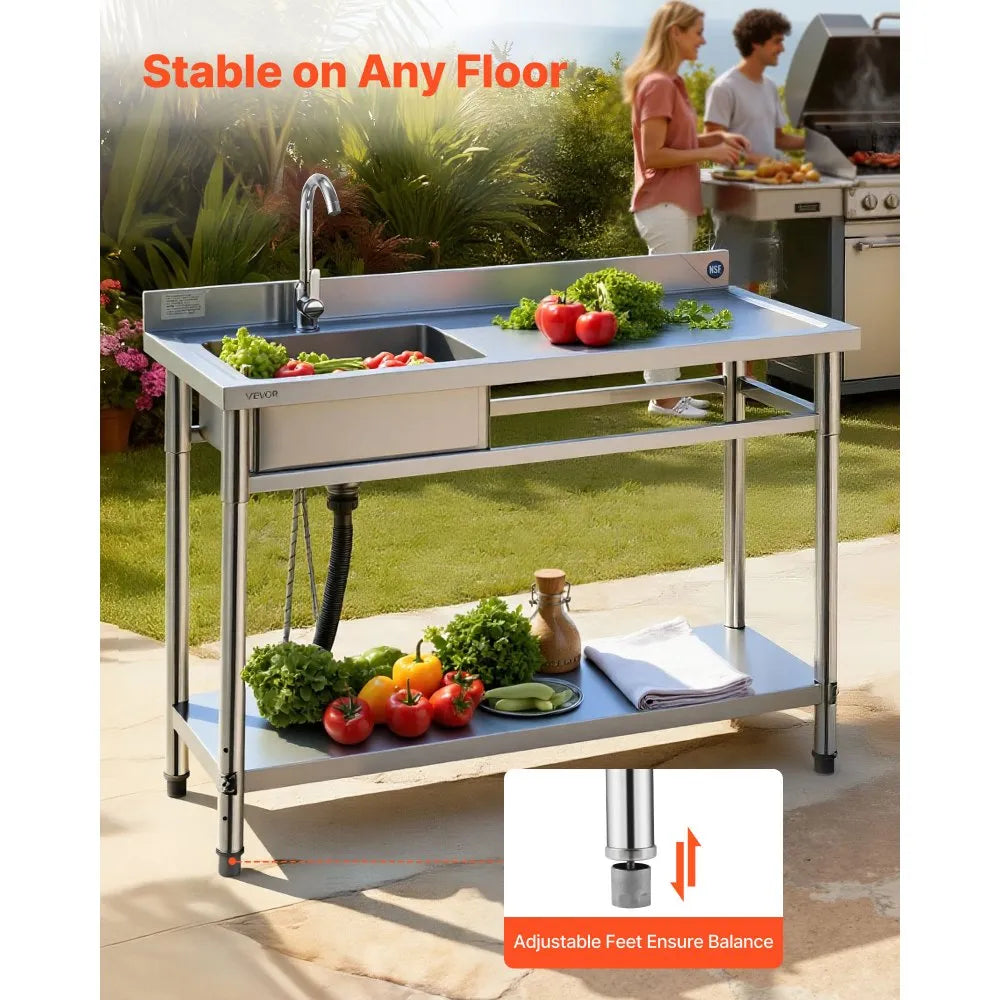 VEVOR Stainless Steel Utility Sink SS1200-1 stable on any floor adjustable feet feature graphic