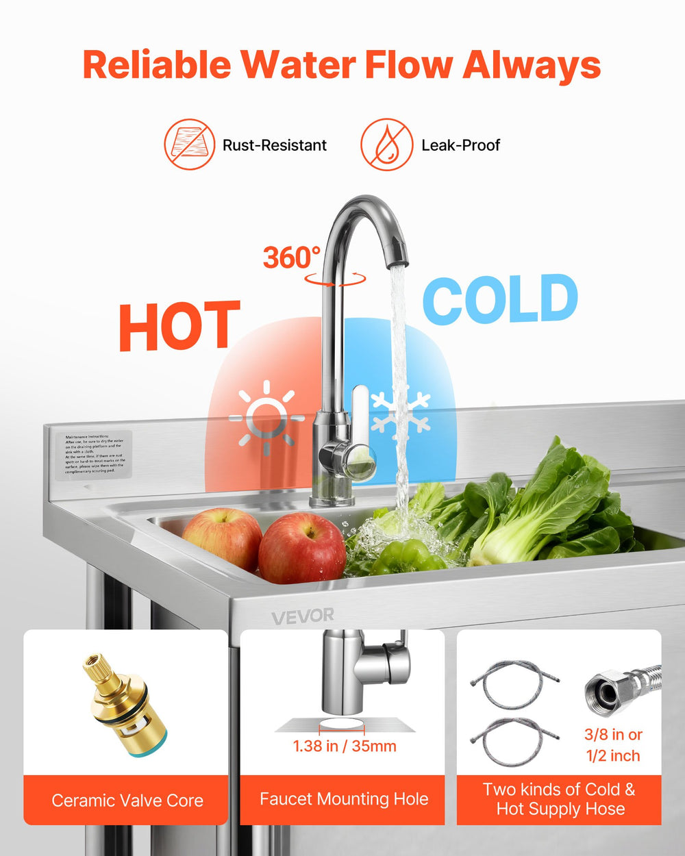 VEVOR Stainless Steel Utility Sink SS1200-1 reliable hot and cold faucet feature graphic