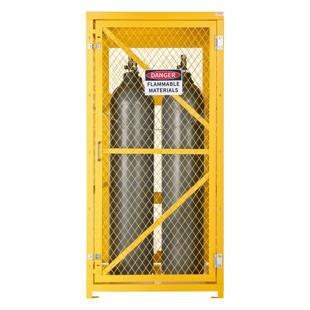 VEVOR Vertical Cylinder Storage Cabinet, 31"L x 30"W x 65"H, 9 Cylinder Capacity, Propane Storage Cage with Chain, Lock and Keys, Yellow Powder-Coated Carbon Steel, for Propane, Oxygen, Nitrogen