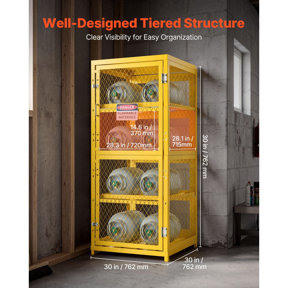 VEVOR Horizontal Cylinder Storage Cabinet, 30"L x 30"W x 70.3"H, 8 Cylinder Capacity, 4-Tier Propane Storage Cage, with Lock and Keys, Yellow Powder-Coated Carbon Steel, for Propane, Oxygen, Nitrogen