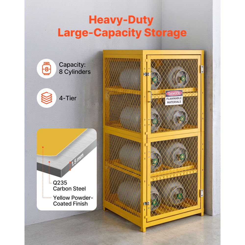 VEVOR Horizontal Cylinder Storage Cabinet, 30"L x 30"W x 70.3"H, 8 Cylinder Capacity, 4-Tier Propane Storage Cage, with Lock and Keys, Yellow Powder-Coated Carbon Steel, for Propane, Oxygen, Nitrogen