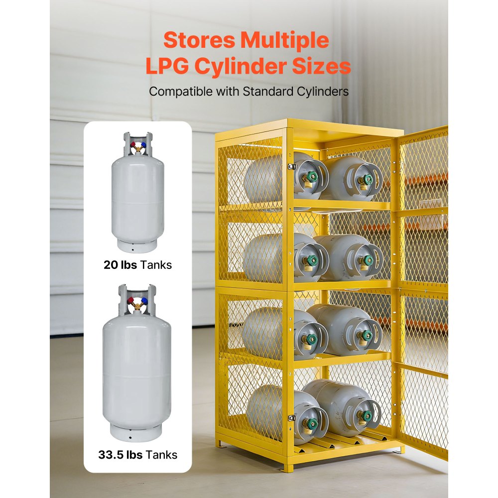 VEVOR Horizontal Cylinder Storage Cabinet, 30"L x 30"W x 70.3"H, 8 Cylinder Capacity, 4-Tier Propane Storage Cage, with Lock and Keys, Yellow Powder-Coated Carbon Steel, for Propane, Oxygen, Nitrogen
