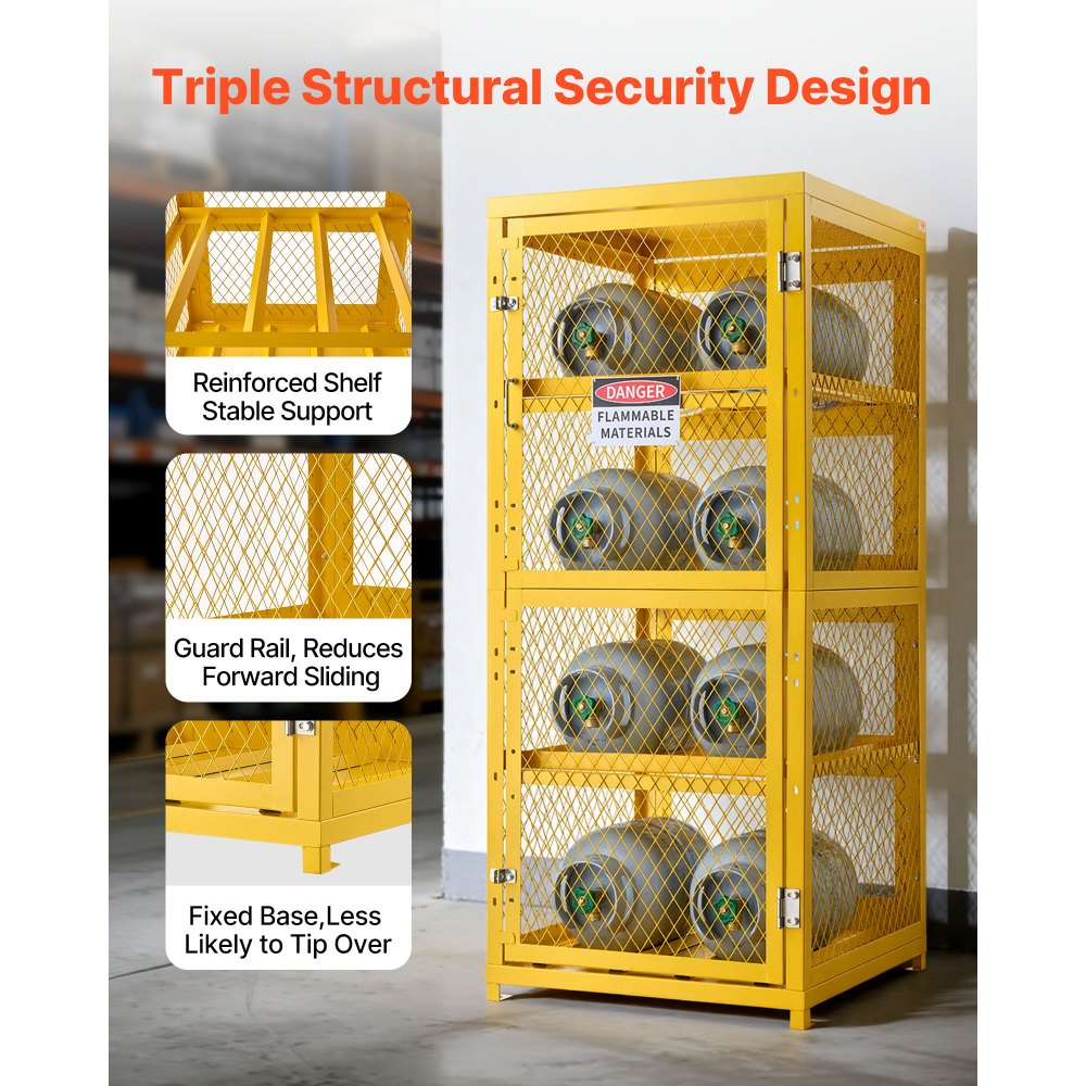 VEVOR Horizontal Cylinder Storage Cabinet, 30"L x 30"W x 70.3"H, 8 Cylinder Capacity, 4-Tier Propane Storage Cage, with Lock and Keys, Yellow Powder-Coated Carbon Steel, for Propane, Oxygen, Nitrogen