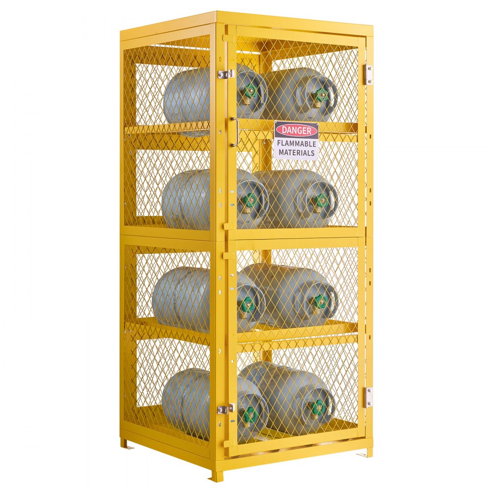 VEVOR Horizontal Cylinder Storage Cabinet, 30"L x 30"W x 70.3"H, 8 Cylinder Capacity, 4-Tier Propane Storage Cage, with Lock and Keys, Yellow Powder-Coated Carbon Steel, for Propane, Oxygen, Nitrogen