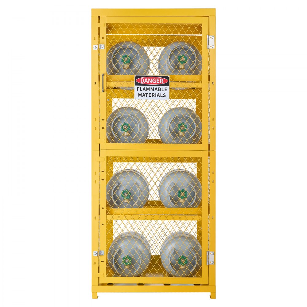 VEVOR Horizontal Cylinder Storage Cabinet, 30"L x 30"W x 70.3"H, 8 Cylinder Capacity, 4-Tier Propane Storage Cage, with Lock and Keys, Yellow Powder-Coated Carbon Steel, for Propane, Oxygen, Nitrogen