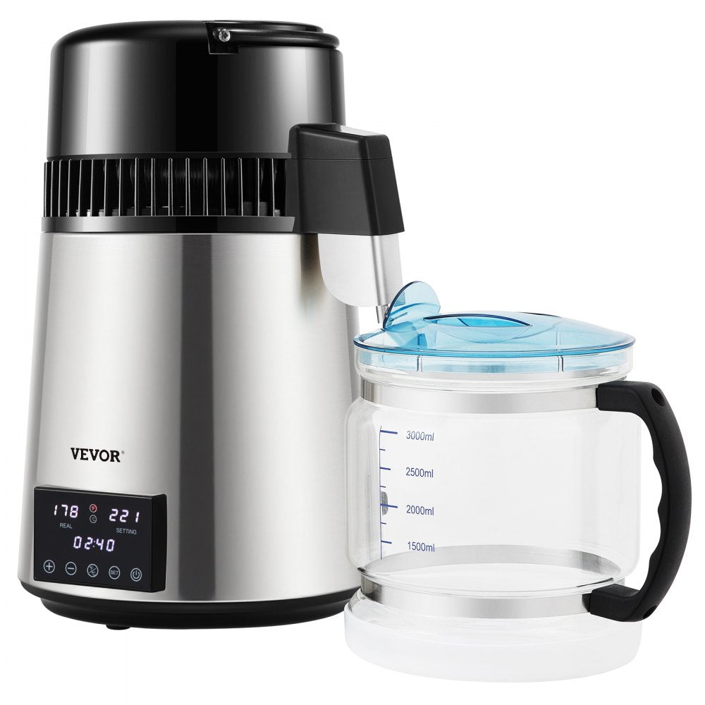 VEVOR 1.1Gal Water Distiller, 0.4Gal/H, Distilled Water Maker Machine 1750W 0-99H Timing Dual Temp Display, 304 Stainless Steel Countertop Distiller Glass Carafe Cleaning Powder 3 Carbon Packs, Silver