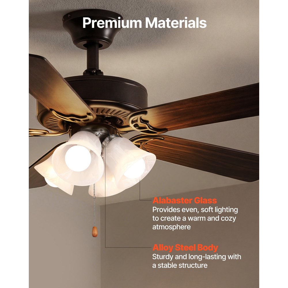 VEVOR Ceiling Fan Light Kit, Four-Light 3000K 750lm Fan Light Kit with Pull Chain, Replacement Light Fixture for Living Room, Bedroom, Home Decor, Cloud White Glass Shade Brushed Nickel, Floral Shape