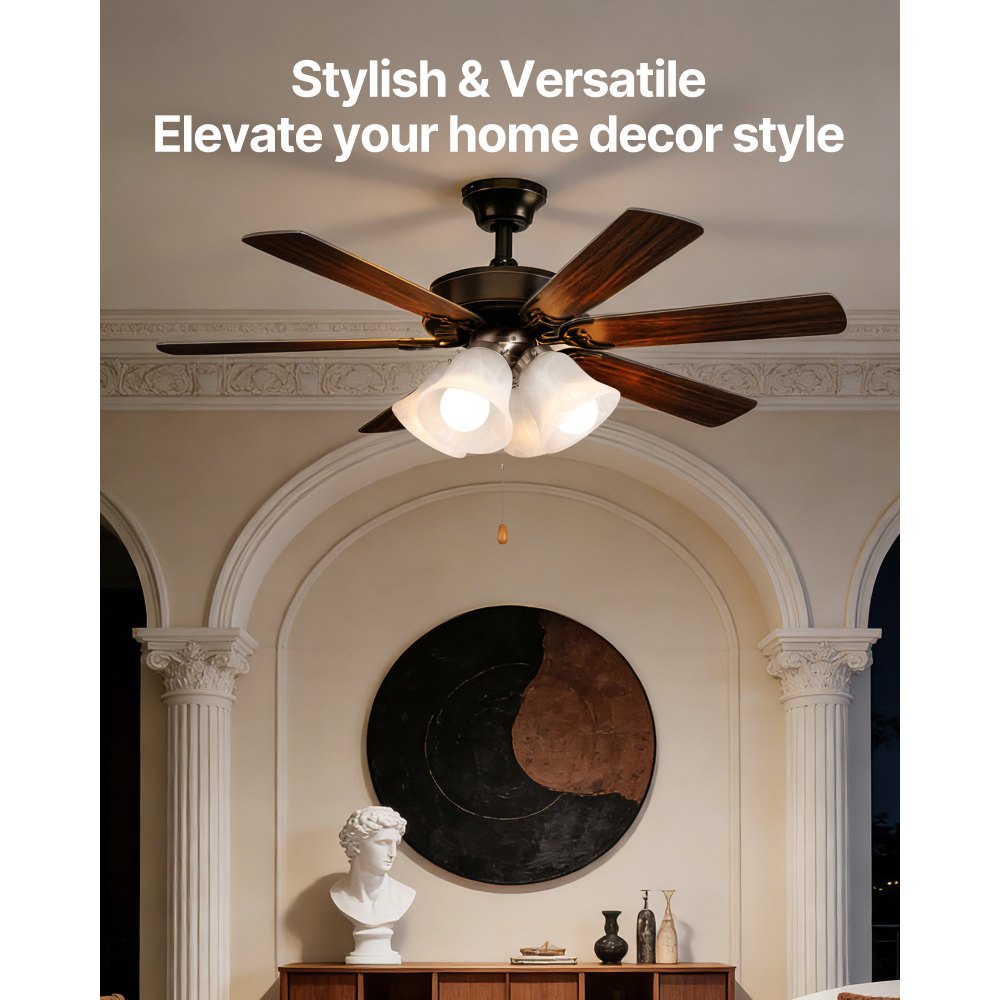 VEVOR Ceiling Fan Light Kit, Four-Light 3000K 750lm Fan Light Kit with Pull Chain, Replacement Light Fixture for Living Room, Bedroom, Home Decor, Cloud White Glass Shade Brushed Nickel, Floral Shape