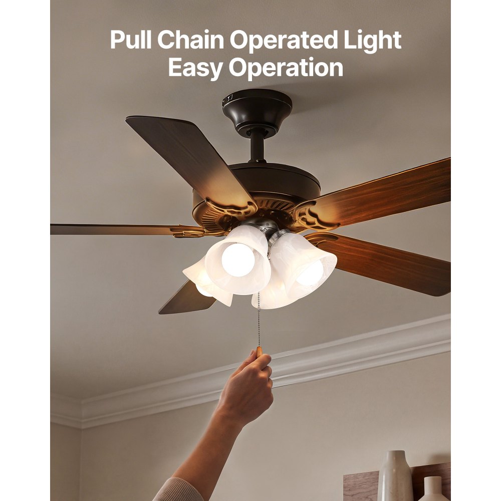 VEVOR Ceiling Fan Light Kit, Four-Light 3000K 750lm Fan Light Kit with Pull Chain, Replacement Light Fixture for Living Room, Bedroom, Home Decor, Cloud White Glass Shade Brushed Nickel, Floral Shape