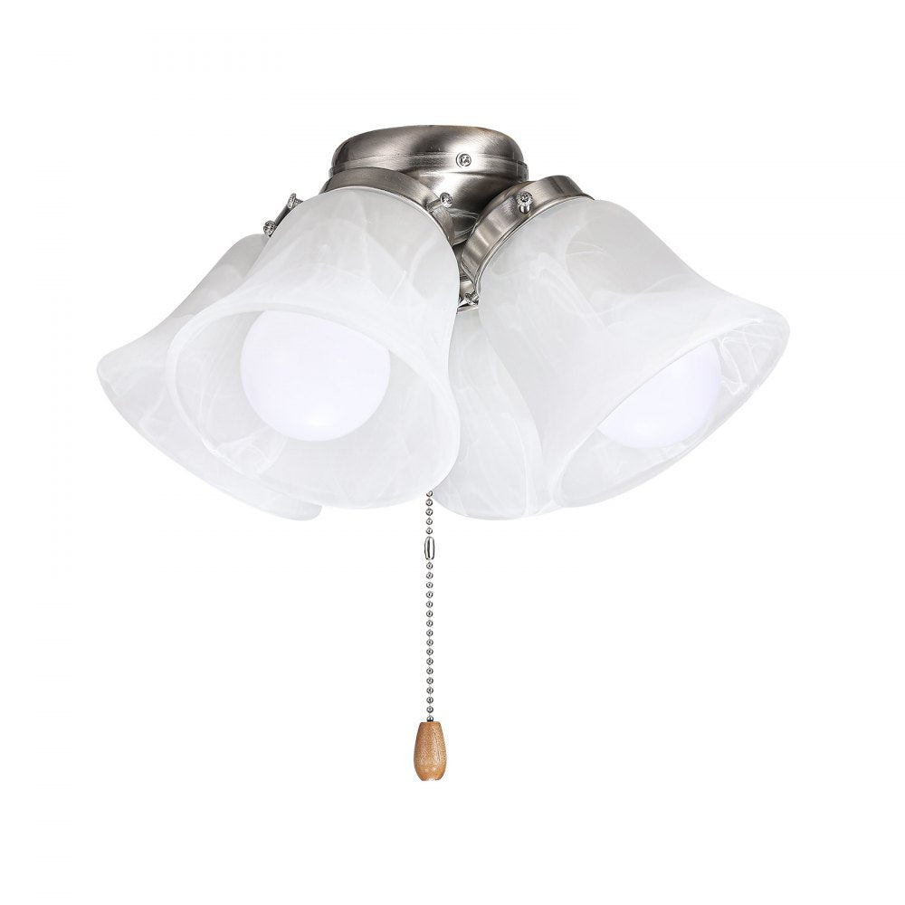VEVOR Ceiling Fan Light Kit, Four-Light 3000K 750lm Fan Light Kit with Pull Chain, Replacement Light Fixture for Living Room, Bedroom, Home Decor, Cloud White Glass Shade Brushed Nickel, Floral Shape