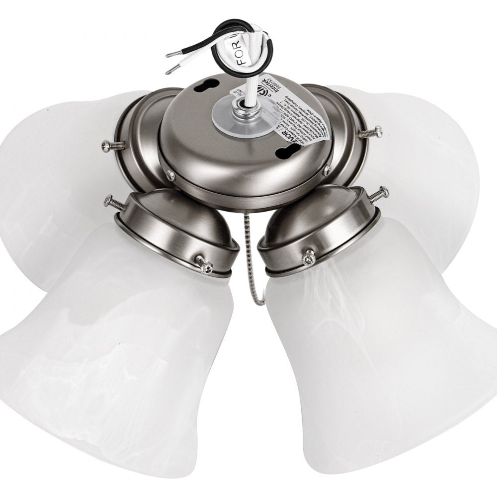 VEVOR Ceiling Fan Light Kit, Four-Light 3000K 750lm Fan Light Kit with Pull Chain, Replacement Light Fixture for Living Room, Bedroom, Home Decor, Cloud White Glass Shade Brushed Nickel, Floral Shape