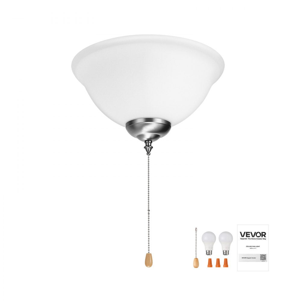 VEVOR Ceiling Fan Light Kit, 750lm 3000K Bowl Shaped Fan Light Kit with Pull Chain, 2 LED Bulbs, Replacement Fixture for Living Room, Dining Room, Bedroom, Indoor, White Glass Shade Brushed Nickel