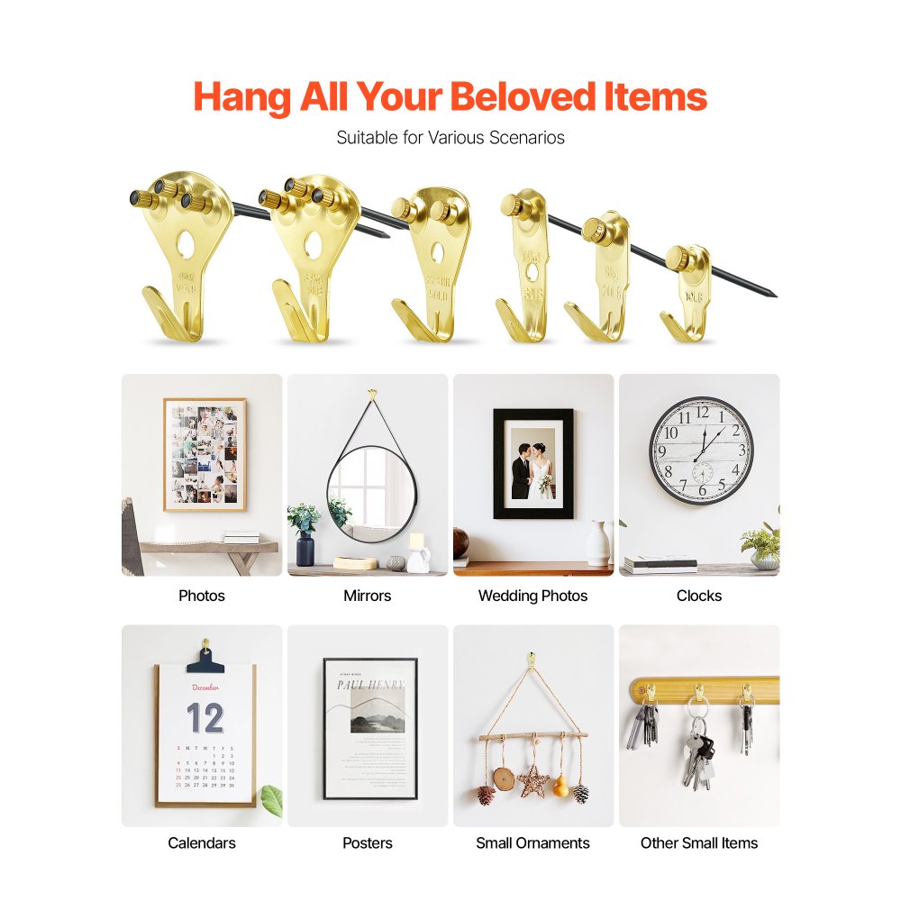VEVOR 130 Pieces Picture Hanging Kit, 10lb, 20lb, 30lb, 50lb, 75lb and 100lb Picture Hangers, Metal Pictures Hanging Hooks with Nails for Mirror, Painting, Photo Frame on Drywall & Wooden Wall, Gold