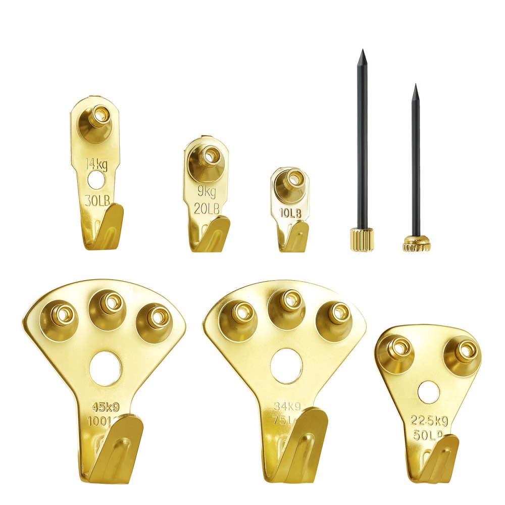 VEVOR 130 Pieces Picture Hanging Kit, 10lb, 20lb, 30lb, 50lb, 75lb and 100lb Picture Hangers, Metal Pictures Hanging Hooks with Nails for Mirror, Painting, Photo Frame on Drywall & Wooden Wall, Gold