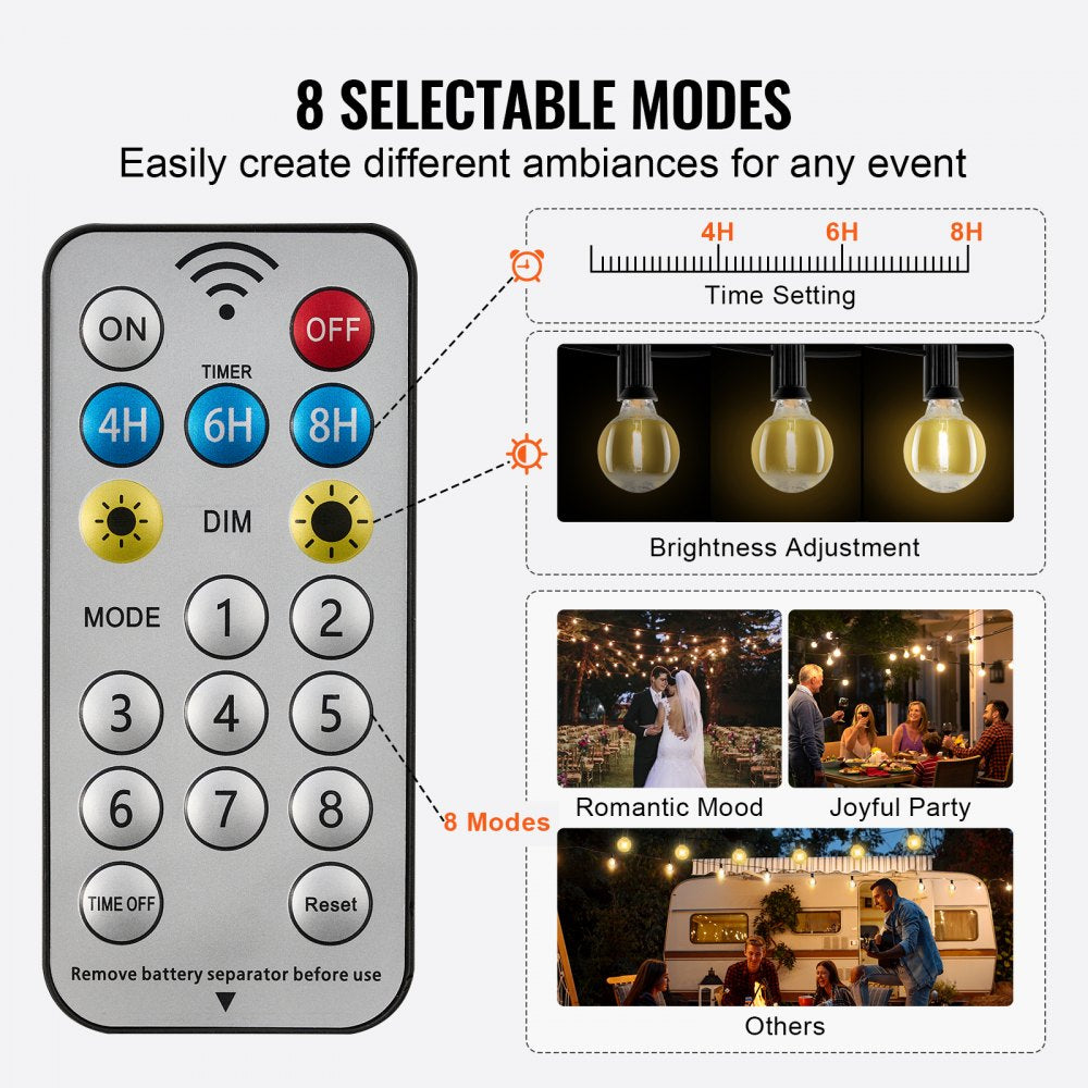 VEVOR Solar Outdoor String Lights, 100FT, 2700K Dimmable Patio Lights with Remote Control, 50 Solar Powered LED G40 Bulbs, Waterproof Hanging Lights for Outside Porch Backyard Garden Bistro Decor