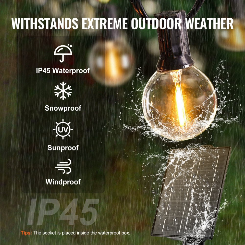 VEVOR Solar Outdoor String Lights, 100FT, 2700K Dimmable Patio Lights with Remote Control, 50 Solar Powered LED G40 Bulbs, Waterproof Hanging Lights for Outside Porch Backyard Garden Bistro Decor