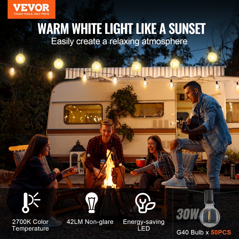 VEVOR LED Outdoor String Lights, 100FT, 2700K Dimmable Outside Patio Lights with 50 G40 Shatterproof Bulbs E12 Socket Base, Waterproof Hanging Lights for Porch Backyard Garden Balcony Party Decor