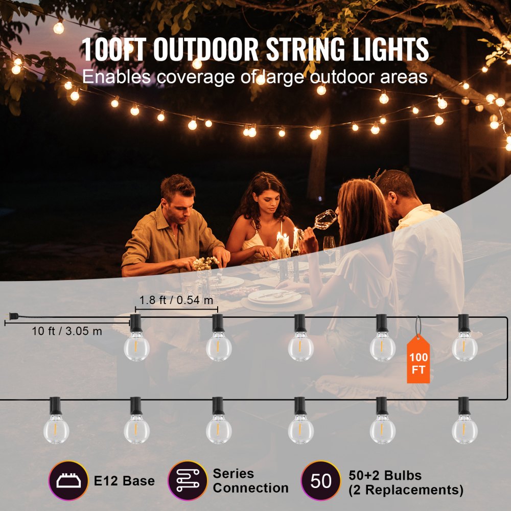 VEVOR LED Outdoor String Lights, 100FT, 2700K Dimmable Outside Patio Lights with 50 G40 Shatterproof Bulbs E12 Socket Base, Waterproof Hanging Lights for Porch Backyard Garden Balcony Party Decor