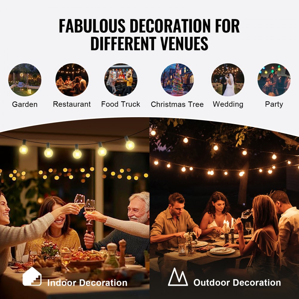 VEVOR LED Outdoor String Lights, 100FT, 2700K Dimmable Outside Patio Lights with 50 G40 Shatterproof Bulbs E12 Socket Base, Waterproof Hanging Lights for Porch Backyard Garden Balcony Party Decor