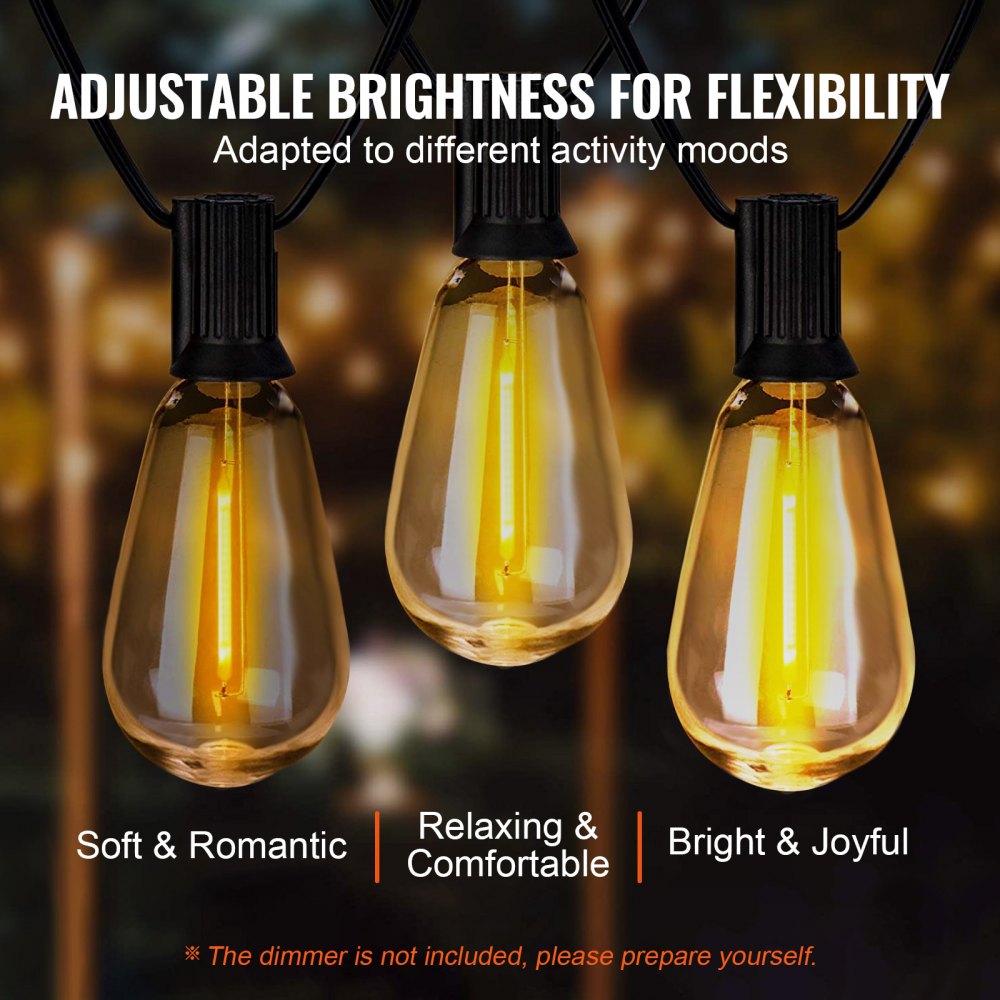 VEVOR LED Outdoor String Lights, 50FT, 2700K Dimmable Outside Patio Lights with 15 S14 Shatterproof Bulbs E12 Socket Base, Waterproof Hanging Lights for Porch Backyard Garden Balcony Deck Party Decor