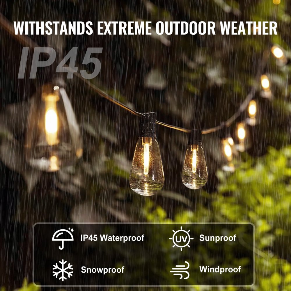 VEVOR LED Outdoor String Lights, 50FT, 2700K Dimmable Outside Patio Lights with 15 S14 Shatterproof Bulbs E12 Socket Base, Waterproof Hanging Lights for Porch Backyard Garden Balcony Deck Party Decor