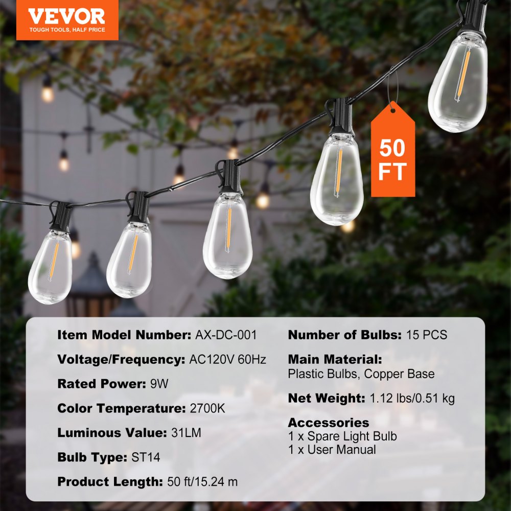 VEVOR LED Outdoor String Lights, 50FT, 2700K Dimmable Outside Patio Lights with 15 S14 Shatterproof Bulbs E12 Socket Base, Waterproof Hanging Lights for Porch Backyard Garden Balcony Deck Party Decor